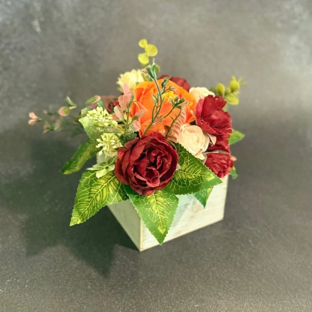 Fall Faux Floral Arrangement in Rustic Wooden Box – Home or Office Decor
